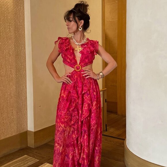 12th Tribe Dresses & Skirts - NEW 12th Tribe Jolie Pink Printed Ruffle Maxi Dress Size MM